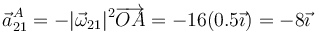 \vec{a}^A_{21}=-|\vec{\omega}_{21}|^2\overrightarrow{OA}=-16(0.5\vec{\imath})=-8\vec{\imath}