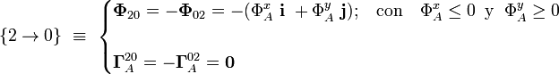 \{2\rightarrow 0\}\ \equiv \ \begin{cases}\displaystyle \mathbf{\Phi}_{20}=-\mathbf{\Phi}_{02}=-(\Phi_A^x\ \mathbf{i}\ + \Phi_A^y\ \mathbf{j})\mathrm{;}\quad\mathrm{con}\quad \Phi_A^x\le 0\;\; \mathrm{y}\;\; \Phi_A^y\ge 0\\ \\
\displaystyle \mathbf{\Gamma}_A^{20}=-\mathbf{\Gamma}_A^{02}=\mathbf{0}\end{cases}
