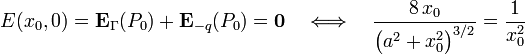 E(x_0,0)=\mathbf{E}_\Gamma(P_0)+\mathbf{E}_{-q}(P_0)=\mathbf{0}\quad\Longleftrightarrow\quad\frac{8\!\ x_0}{\big(a^2+x_0^2\big)^{3/2}}=\frac{1}{x_0^2}