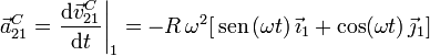 
  \vec{a}_{21}^C=\left.\dfrac{\mathrm{d}\vec{v}_{21}^C}{\mathrm{d}t}\right|_1=-R\,\omega^2[\,\mathrm{sen}\,(\omega
  t)\,\vec{\imath}_1+\cos(\omega t)\,\vec{\jmath}_1]
