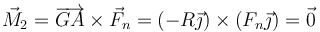 \vec{M}_2 = \overrightarrow{GA}\times \vec{F}_n = (-R\vec{\jmath})\times(F_n\vec{\jmath})=\vec{0}