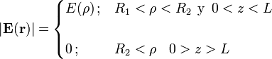 |\mathbf{E}(\mathbf{r})|=\begin{cases}E(\rho)\,\mathrm{;}&R_1<\rho<R_2\,\;\mathrm{y}\,\;0<z<L \\ \\ 0\,\mathrm{;}& R_2<\rho\,\;\mathrm{ó}\,\;0>z>L \end{cases}