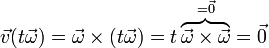\vec{v}(t\vec{\omega})=\vec{\omega}\times(t\vec{\omega})=t\overbrace{\vec{\omega}\times\vec{\omega}}^{=\vec{0}}=\vec{0}