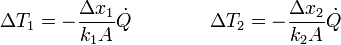 \Delta T_1 = -\frac{\Delta x_1}{k_1A}\dot{Q}\qquad\qquad \Delta T_2 = -\frac{\Delta x_2}{k_2A}\dot{Q}