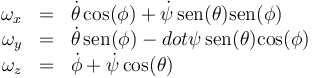 \begin{array}{rcl}
\omega_x & = & \dot{\theta}\cos(\phi)+\dot{\psi}\,\mathrm{sen}(\theta)\mathrm{sen}(\phi) \\
\omega_y & = & \dot{\theta}\,\mathrm{sen}(\phi)-dot{\psi}\,\mathrm{sen}(\theta)\mathrm{cos}(\phi) \\
\omega_z & = & \dot{\phi}+\dot{\psi}\cos(\theta)
\end{array}