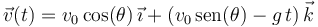 
\vec{v}(t)=v_0\,\mathrm{cos}(\theta)\,\vec{\imath}+\left(v_0\,\mathrm{sen}(\theta)-g\,t\right)\vec{k}
