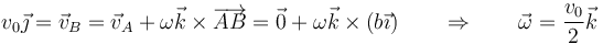 v_0\vec{\jmath}=\vec{v}_B=\vec{v}_A+\omega\vec{k}\times\overrightarrow{AB}=\vec{0}+\omega \vec{k}\times(b\vec{\imath})\qquad\Rightarrow\qquad \vec{\omega}=\frac{v_0}{2}\vec{k}