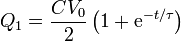 Q_1 = \frac{CV_0}{2}\left(1+\mathrm{e}^{-t/\tau}\right)