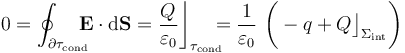 0=\oint_{\partial \tau_\mathrm{cond}}\!\!\!\!\mathbf{E}\cdot\mathrm{d}\mathbf{S}=\frac{Q}{\varepsilon_0}\bigg\rfloor_{\tau_\mathrm{cond}}\!\!\!\!=\frac{1}{\varepsilon_0}\ \bigg( -q+Q\big\rfloor_{\Sigma_\mathrm{int}}\bigg)