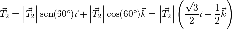 \vec{T}_2 = \left|\vec{T}_2\right|\mathrm{sen}(60^\circ)\vec{\imath}+\left|\vec{T}_2\right|\cos(60^\circ)\vec{k}=\left|\vec{T}_2\right|\left(\frac{\sqrt{3}}{2}\vec{\imath}+\frac{1}{2}\vec{k}\right)