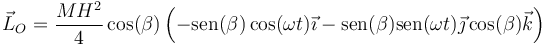 \vec{L}_O=\frac{MH^2}{4}\cos(\beta)\left(-\mathrm{sen}(\beta)\cos(\omega t)\vec{\imath}-\mathrm{sen}(\beta)\mathrm{sen}(\omega t)\vec{\jmath}\cos(\beta)\vec{k}\right)