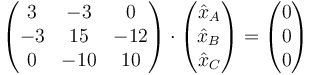 \begin{pmatrix}3&-3&0\\-3&15&-12\\0&-10&10\end{pmatrix}\cdot \begin{pmatrix}\hat{x}_A\\\hat{x}_B\\\hat{x}_C\end{pmatrix}=\begin{pmatrix}0\\0\\0\end{pmatrix}