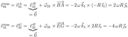 
\begin{array}{lll}
\vec{v}^{\, \mathrm{tras}}_{01}=\vec{v}^{\, A}_{21}=\underbrace{\vec{v}^{\, B}_{21}}_{\displaystyle =\vec{0}}\,+\,\,\vec{\omega}_{21}\times\overrightarrow{BA}=-2\;\!\omega\,\vec{k}_1\times(-R\,\vec{\imath}_1)=2\,\omega R\,\vec{\jmath}_1 \\ \\
\vec{v}^{\, \mathrm{tras}}_{41}=\vec{v}^{\, G}_{31}=\underbrace{\vec{v}^{\, E}_{31}}_{\displaystyle =\vec{0}}\,+\,\,\vec{\omega}_{31}\times\overrightarrow{EG}=-2\;\!\omega\,\vec{k}_1\times 2R\,\vec{\imath}_1=-4\,\omega R\,\vec{\jmath}_1 
\end{array}
