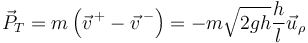 \vec{P}_T=m\left(\vec{v}^{\,+}-\vec{v}^{\,-}\right) =-m\sqrt{2gh}\frac{h}{l}\vec{u}_\rho