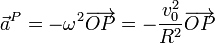 \vec{a}^P = -\omega^2\overrightarrow{OP}= -\frac{v_0^2}{R^2}\overrightarrow{OP}