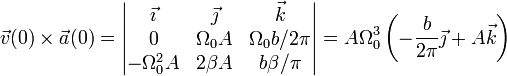 \vec{v}(0)\times\vec{a}(0)=\left|\begin{matrix}\vec{\imath} & \vec{\jmath}  & \vec{k} \\ 0 & \Omega_0A & \Omega_0b/2\pi \\-\Omega_0^2A &2\beta A & b\beta/\pi\end{matrix}\right|=A\Omega_0^3\left(-\frac{b}{2 \pi}\vec{\jmath}+A\vec{k}\right)