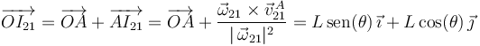 
\overrightarrow{OI_{21}}=\overrightarrow{OA}+\overrightarrow{AI_{21}}=\overrightarrow{OA}+\frac{\vec{\omega}_{21}\times\vec{v}^{\, A}_{21}}{|\,\vec{\omega}_{21}|^{2}}=L\,\mathrm{sen}(\theta)\,\vec{\imath}+L\,\mathrm{cos}(\theta)\,\vec{\jmath}
