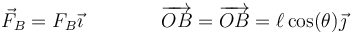 \vec{F}_B=F_B\vec{\imath}\qquad\qquad \overrightarrow{OB}=\overrightarrow{OB} = \ell\,\mathrm{cos}(\theta)\vec{\jmath}