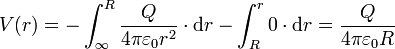 V(r) = -\int_\infty^R\frac{Q}{4\pi\varepsilon_0r^2}\cdot\mathrm{d}r-\int_R^r0\cdot\mathrm{d}r = \frac{Q}{4\pi\varepsilon_0R}