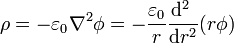 \rho = -\varepsilon_0\nabla^2\phi = -\frac{\varepsilon_0}{r}\frac{\mathrm{d}^2\ }{\mathrm{d}r^2}(r\phi)