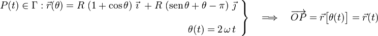 \left.\begin{array}{r}\displaystyle P(t)\in\Gamma:\vec{r}(\theta)=R\ (1+\cos\theta )\  \vec{\imath}\ + R\ ( \mathrm{sen}\!\ \theta + \theta - \pi )\ \vec{\jmath}\\ \\ \theta(t)=2\!\ \omega\!\ t\end{array}\right\}\quad\Longrightarrow\quad\overrightarrow{OP}=\vec{r}\big[\theta(t)\big]=\vec{r}(t)