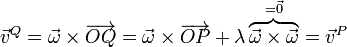 \vec{v}^Q=\vec{\omega}\times\overrightarrow{OQ}=\vec{\omega}\times\overrightarrow{OP}+\lambda\overbrace{\vec{\omega}\times\vec{\omega}}^{=\vec{0}}=\vec{v}^P