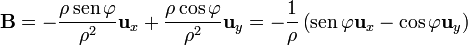 \mathbf{B}=-\frac{\rho\,\mathrm{sen}\,\varphi}{\rho^2}\mathbf{u}_{x}+
\frac{\rho\cos\varphi}{\rho^2}\mathbf{u}_{y}
=-\frac{1}{\rho}\left(\mathrm{sen}\,\varphi\mathbf{u}_{x}-\cos\varphi\mathbf{u}_{y}\right)