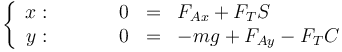 \left\{\begin{array}{rcrcl}x:&\qquad&0&=&F_{Ax}+F_TS\\y: &\qquad&0&=&-mg+F_{Ay}-F_TC\end{array}\right.