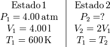 
\begin{array}{c|c}
\begin{array}{c}
\mathrm{Estado\,1}\\ P_1=4.00\,\mathrm{atm}\\ V_1=4.00\,\mathrm{l}\\ T_1=600\,\mathrm{K}
\end{array}&
\begin{array}{c}
\mathrm{Estado\,2}\\ P_2=?\\ V_2=2V_1\\ T_1=T_2
\end{array}
\end{array}
