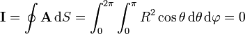 \mathbf{I} = \oint \mathbf{A}\,\mathrm{d}S=\int_0^{2\pi}\int_0^\pi R^2\cos\theta\,\mathrm{d}\theta\,\mathrm{d}\varphi = 0