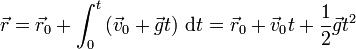 \vec{r}=\vec{r}_0+\int_0^t\left(\vec{v}_0+\vec{g}t\right)\,\mathrm{d}t = \vec{r}_0 + \vec{v}_0t+\frac{1}{2}\vec{g}t^2