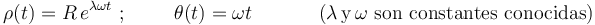 \rho(t)=R\, e^{\lambda\omega t}\,\, ; \,\,\,\,\,\,\,\,\,\,\,\,\,\,\theta(t)=\omega t\;\;\;\;\;\;\;\;\;\;\;\; \mathrm{(}\lambda\,\mathrm{y}\,\omega\,\,\mathrm{son}\,\,\mathrm{constantes}\,\,\mathrm{conocidas)}