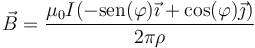 \vec{B}=\frac{\mu_0I(-\mathrm{sen}(\varphi)\vec{\imath}+\cos(\varphi)\vec{\jmath})}{2\pi\rho}