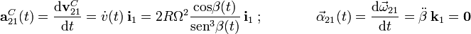 \mathbf{a}_{21}^C(t)=\frac{\mathrm{d}\mathbf{v}_{21}^C}{\mathrm{d}t}=\dot{v}(t)\ \mathbf{i}_1=2R\Omega^2\frac{\mathrm{cos}\beta(t)}{\mathrm{sen}^3\beta(t)}\ \mathbf{i}_1\ \mathrm{;}\qquad\qquad\vec{\alpha}_{21}(t)=\frac{\mathrm{d}\vec{\omega}_{21}}{\mathrm{d}t}=\ddot{\beta}\ \mathbf{k}_1=\mathbf{0}