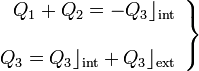 \left.\begin{array}{r}\displaystyle Q_1+Q_2=-Q_3\rfloor_\mathrm{int}\\ \\
\displaystyle Q_3=Q_3\rfloor_\mathrm{int}+Q_3\rfloor_\mathrm{ext}\end{array}\right\}
