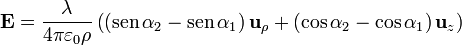 \mathbf{E}=\frac{\lambda}{4\pi\varepsilon_0\rho}
\left(\left(\mathrm{sen}\,\alpha_2-\mathrm{sen}\,\alpha_1\right)\mathbf{u}_{\rho}+
\left(\cos\alpha_2-\cos\alpha_1\right)\mathbf{u}_{z}\right)
