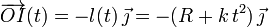 \overrightarrow{OI}(t)=-l(t)\!\ \vec{\jmath}=-(R+k\!\ t^2)\!\ \vec{\jmath}