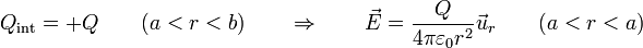 Q_\mathrm{int}=+Q\qquad (a<r < b)\qquad\Rightarrow\qquad \vec{E}=\frac{Q}{4\pi\varepsilon_0 r^2}\vec{u}_r\qquad (a<r < a)