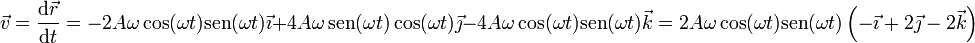 \vec{v}=\frac{\mathrm{d}\vec{r}}{\mathrm{d}t}=-2A\omega\cos(\omega t)\mathrm{sen}(\omega t)\vec{\imath}+4A\omega\,\mathrm{sen}(\omega t)\cos(\omega t)\vec{\jmath}-4A\omega\cos(\omega t)\mathrm{sen}(\omega t)\vec{k}=2A\omega\cos(\omega t)\mathrm{sen}(\omega t)\left(-\vec{\imath}+2\vec{\jmath}-2\vec{k}\right)