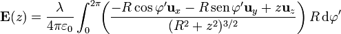 \mathbf{E}(z)=\frac{\lambda}{4\pi\varepsilon_0}\int_0^{2\pi}\!\!
\left(\frac{-R\cos\varphi'\mathbf{u}_{x}-R\,\mathrm{sen}\,\varphi'\mathbf{u}_{y}+z\mathbf{u}_{z}}{(R^2+z^2)^{3/2}}\right)R\,\mathrm{d}\varphi'