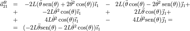 \begin{array}{rcccc}
\vec{a}^B_{21} & = & -2L(\ddot{\theta}\,\mathrm{sen}(\theta)+2\dot{\theta}^2\cos(\theta))\vec{\imath}_1 & - & 2L(\ddot{\theta}\cos(\theta)-2\dot{\theta}^2\,\mathrm{sen}(\theta))\vec{\jmath}_1+ \\
& + & -2L\dot{\theta}^2\cos(\theta)\vec{\imath}_1 & + & 2L\ddot{\theta}\cos(\theta)\vec{\jmath}_1+\\
& + & 4L\dot{\theta}^2\cos(\theta)\vec{\imath}_1& - & 4L\dot{\theta}^2\mathrm{sen}(\theta)\vec{\jmath}_1 = \\
& = & (-2L\ddot{\theta}\mathrm{sen}(\theta)-2L\dot{\theta}^2\cos(\theta))\vec{\imath}_1&&\end{array}
