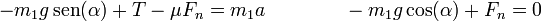 -m_1g\,\mathrm{sen}(\alpha)+T-\mu F_n=m_1a\qquad\qquad -m_1g\cos(\alpha)+F_n=0