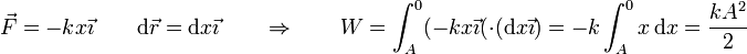 \vec{F}=-kx \vec{\imath}\qquad \mathrm{d}\vec{r}=\mathrm{d}x\vec{\imath}\qquad\Rightarrow\qquad W=\int_A^0(-kx\vec{\imath}(\cdot(\mathrm{d}x\vec{\imath})=-k\int_A^0x\,\mathrm{d}x=\frac{kA^2}{2}