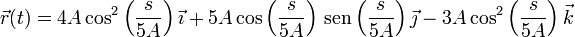 \vec{r}(t) = 4A\cos^2\left(\frac{s}{5A}\right)\vec{\imath}+5A\cos\left(\frac{s}{5A}\right)\,\mathrm{sen}\left(\frac{s}{5A}\right)\vec{\jmath}-3A\cos^2\left(\frac{s}{5A}\right)\vec{k}