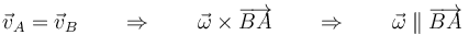 \vec{v}_A=\vec{v}_B\qquad\Rightarrow\qquad \vec{\omega}\times\overrightarrow{BA}\qquad\Rightarrow\qquad \vec{\omega}\parallel\overrightarrow{BA}