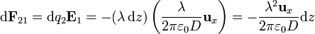 \mathrm{d}\mathbf{F}_{21}=\mathrm{d}q_2\mathbf{E}_1 = -(\lambda\,\mathrm{d}z) \left(\frac{\lambda}{2\pi\varepsilon_0D}\mathbf{u}_x\right) = -\frac{\lambda^2\mathbf{u}_x}{2\pi\varepsilon_0D}\mathrm{d}z