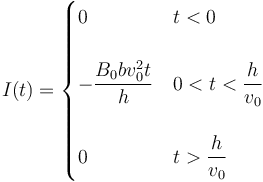 I(t)=\begin{cases} 0 & t < 0 \\ & \\ -\dfrac{B_0bv_0^2t}{h} & 0 < t < \dfrac{h}{v_0} \\ & \\ 0 & t> \dfrac{h}{v_0}\end{cases}