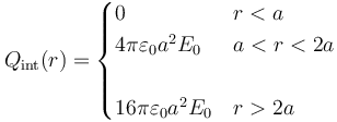Q_\mathrm{int}(r)=\begin{cases}
0 & r < a \\
4\pi\varepsilon_0 a^2 E_0 & a < r < 2a \\ & \\
16\pi\varepsilon_0 a^2 E_0 & r > 2a
\end{cases}
