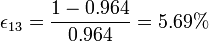 \epsilon_{13}=\frac{1-0.964}{0.964}=5.69\%