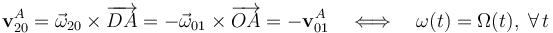 \mathbf{v}_{20}^A=\vec{\omega}_{20}\times\overrightarrow{DA}=-\vec{\omega}_{01}\times\overrightarrow{OA}=- \mathbf{v}_{01}^A\quad\Longleftrightarrow\quad \omega(t)=\Omega(t)\mathrm{,}\,\;\forall\,t 